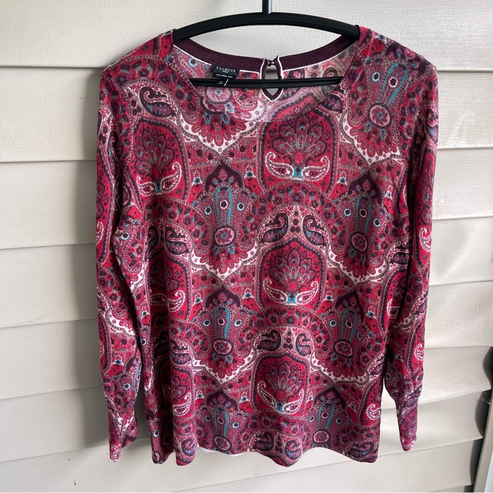 Talbots Womens‎ Pure Merino Wool Paisley Sweater Sz 1X Burgundy Long Sleeve Fall